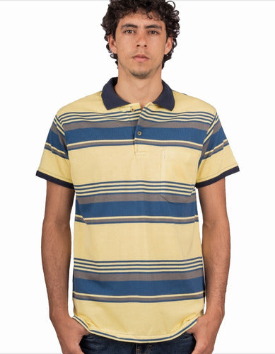 Camiseta Tipo Polo Rayas Amarillo Claro, Azul y Gris
