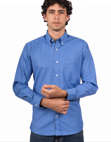 Camisa Manga Larga Cuadros Azules Rayas Blancas - Moldería clásica