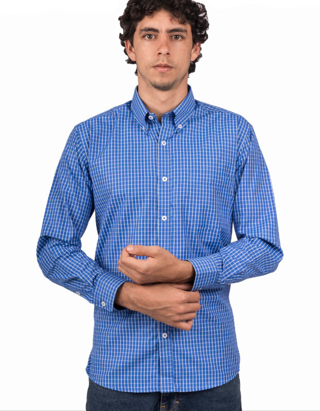 Camisa Manga Larga Cuadros Azules Rayas Blancas - Moldería clásica