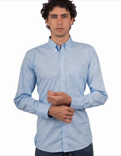 Camisa Manga Larga Azul Claro Estampado Rosas Blanco - Moldería informal