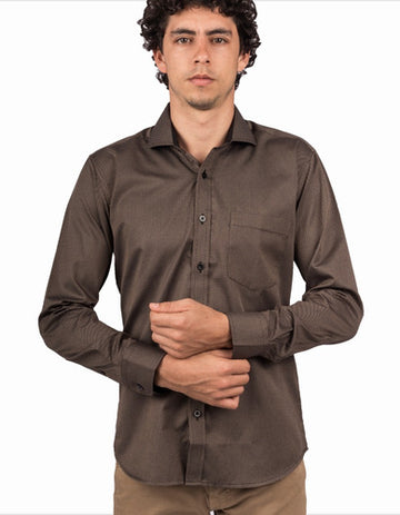 Camisa Manga Larga Marrón Textura Cuadros - Moldería slim