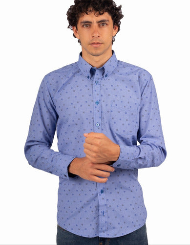 Camisa Manga Larga Estampada Flores Color Azul - Moldería informal
