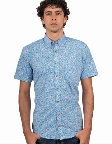 Camisa Manga Corta Miniprint Floral Azúl Claro Floral - Moldería informal