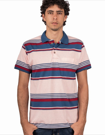 Camiseta Tipo Polo Rayas Vino, Rosa Y Azul