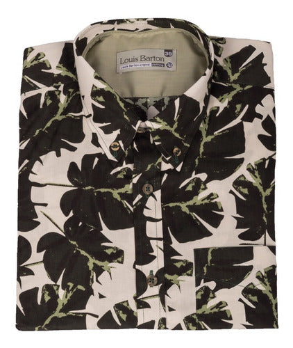 Camisa Manga Corta Beige Estampado Hojas Verde Militar - Moldería informal