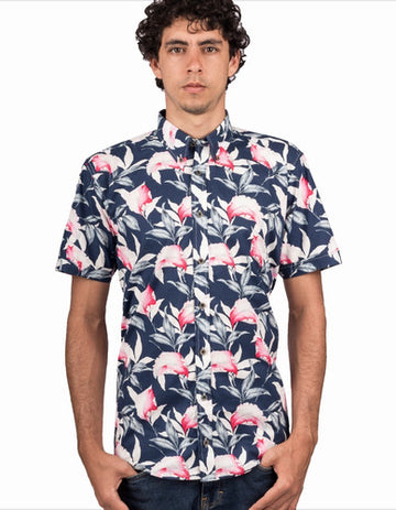 Camisa Manga Corta Algodón Azul Oscuro Estampado Floral Rosa - Moldería informal