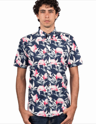 Camisa Manga Corta Algodón Azul Oscuro Estampado Floral Rosa - Moldería informal