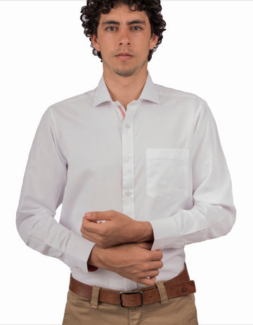 Camisa Manga Larga Blanca Textura Rayas Contraste Rojo - Moldería clásica