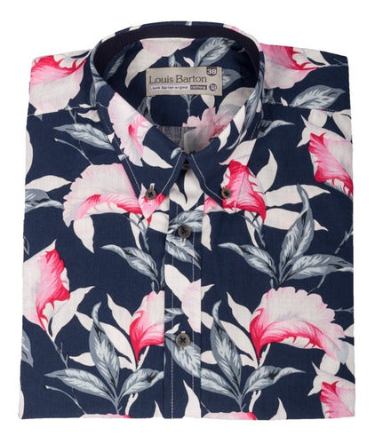 Camisa Manga Corta Algodón Azul Oscuro Estampado Floral Rosa - Moldería informal