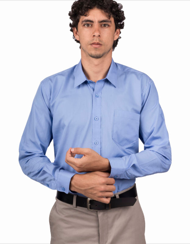 Camisa Manga Larga Sin Textura Color Azul Claro - Moldería slim