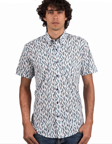 Camisa Manga Corta En Algodón Estampado Canoas Aguamarina Y Azul - Moldería informal