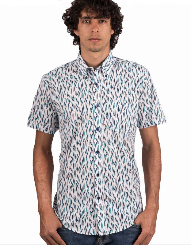 Camisa Manga Corta En Algodón Estampado Canoas Aguamarina Y Azul - Moldería informal