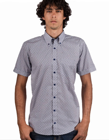 Camisa Manga Corta en Algodón Estampado Circulos Y Puntos Rojos - Moldería informal