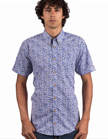Camisa Manga Corta En Algodón Cuadros Abstractos Azul Royal - Moldería informal