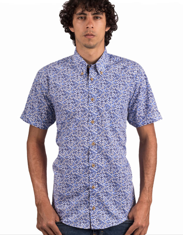 Camisa Manga Corta En Algodón Cuadros Abstractos Azul Royal - Moldería informal