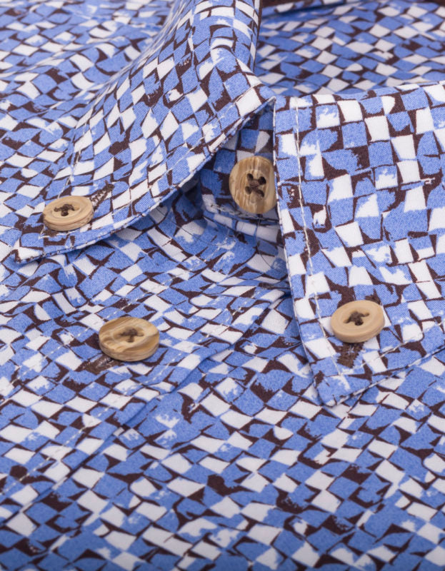 Camisa Manga Corta En Algodón Cuadros Abstractos Azul Royal - Moldería informal