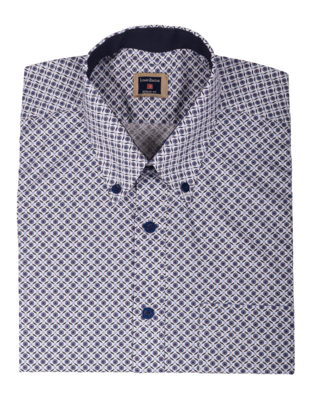 Camisa Manga Corta en Algodón Estampado Circulos Y Puntos Rojos - Moldería informal