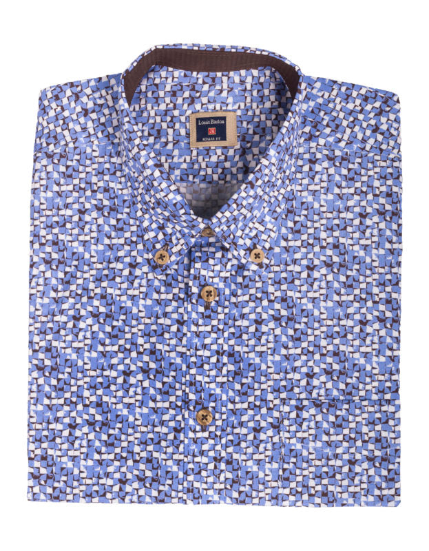 Camisa Manga Corta En Algodón Cuadros Abstractos Azul Royal - Moldería informal