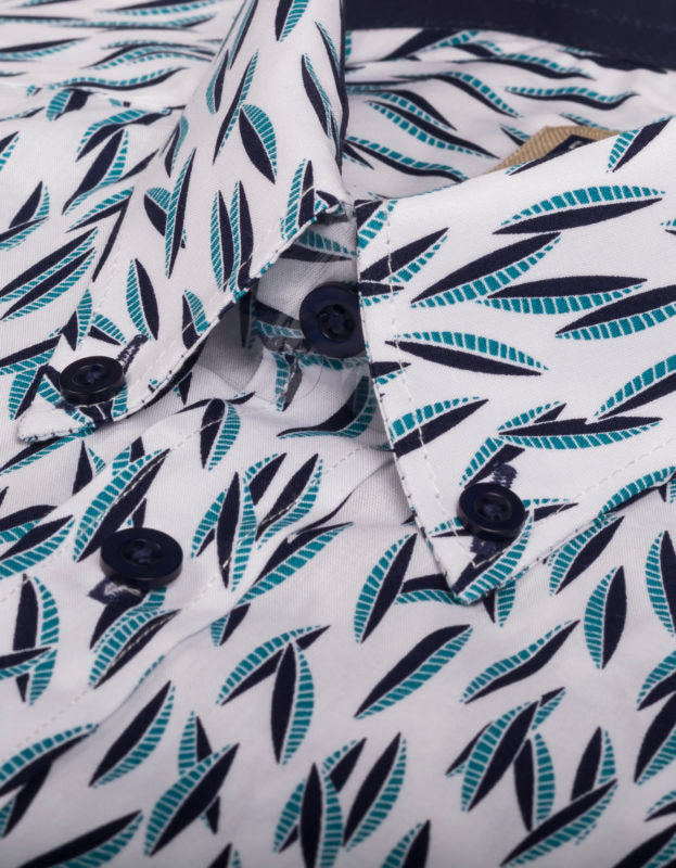 Camisa Manga Corta En Algodón Estampado Canoas Aguamarina Y Azul - Moldería informal