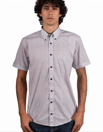 Camisa Manga Corta Blanca Estampado Jaspe Azul Oscuro - Moldería informal