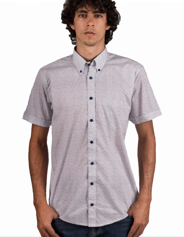 Camisa Manga Corta Blanca Estampado Jaspe Azul Oscuro - Moldería informal