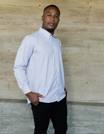 Camisa Manga Larga Blanca Rayas Azules - Moldería clásica
