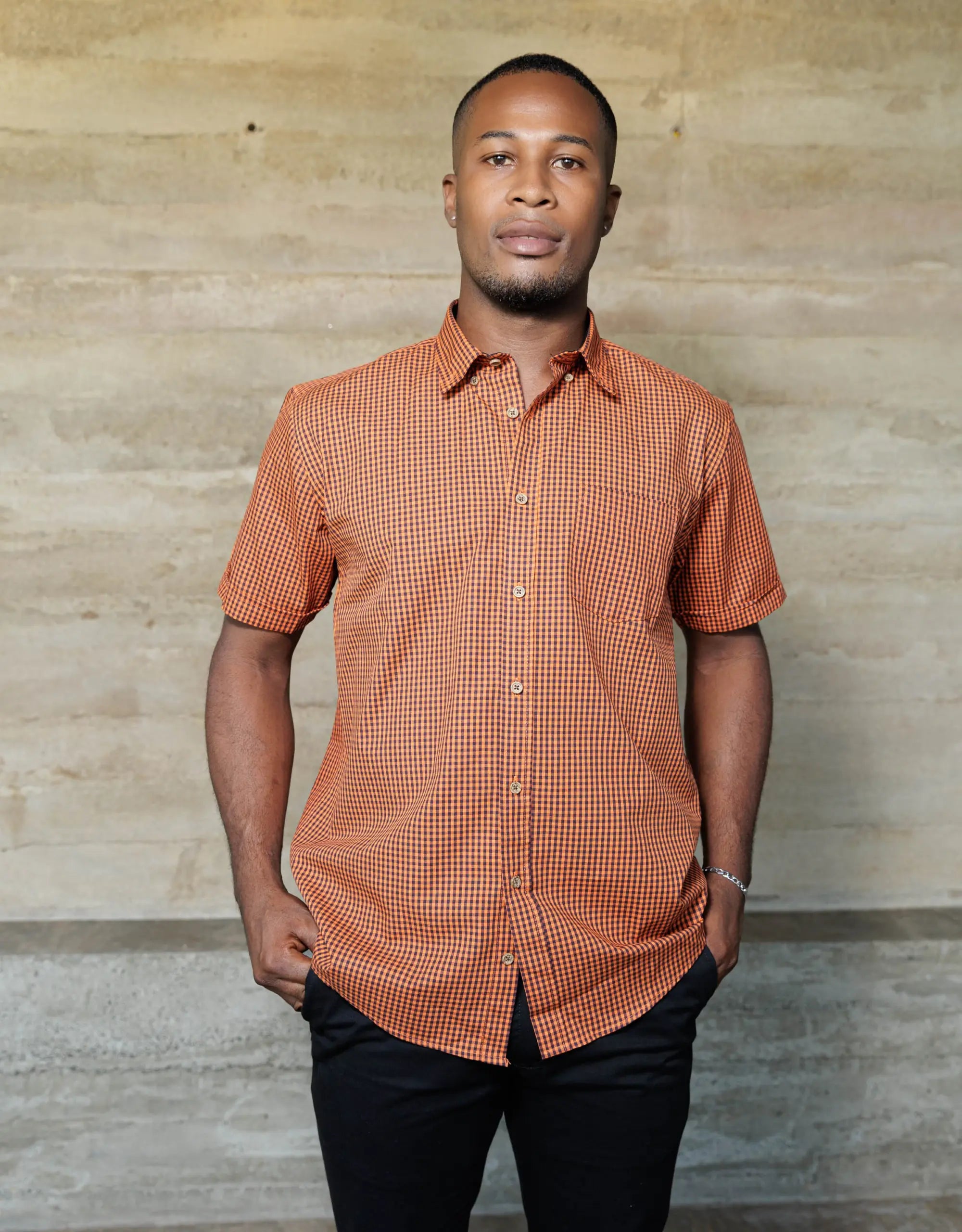 Camisa Manga Corta Cuadros Medianos Azules y Naranja - Moldería informal
