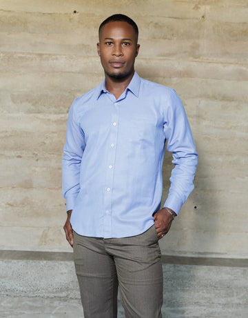 Camisa Manga Larga Azul Textura Rayas Diagonales - Moldería slim