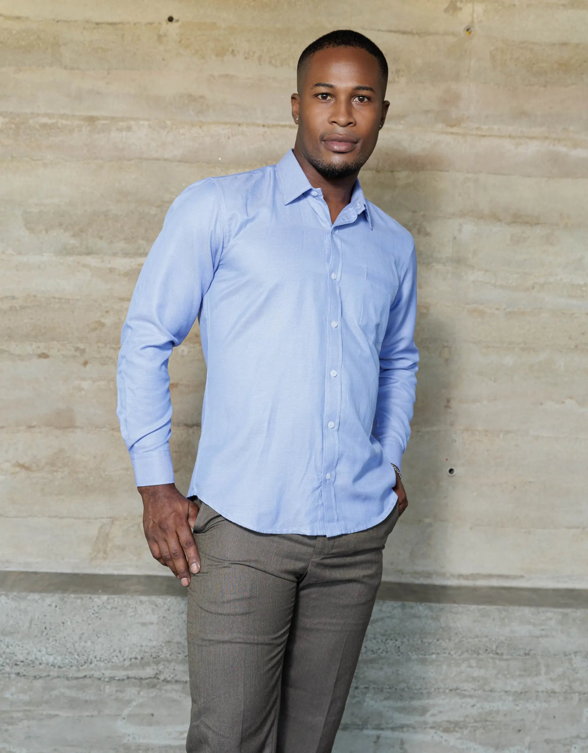 Camisa Manga Larga Azul Textura Rayas Diagonales - Moldería slim