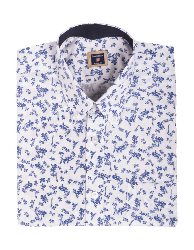 Camisa Manga Corta en Algodón Blanca Estampado Naturaleza Azúl - Moldería informal
