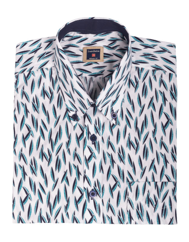 Camisa Manga Corta En Algodón Estampado Canoas Aguamarina Y Azul - Moldería informal