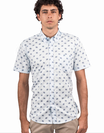 Camisa Manga Corta en Algodón Azul Claro Estampado Hojas Azul Oscuro - Moldería informal