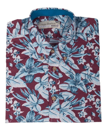 Camisa Manga Corta Vinotinto Estampada Hojas Azules - Moldería informal
