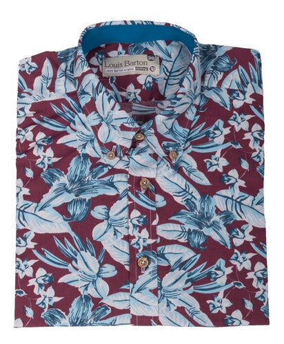 Camisa Manga Corta Vinotinto Estampada Hojas Azules - Moldería informal