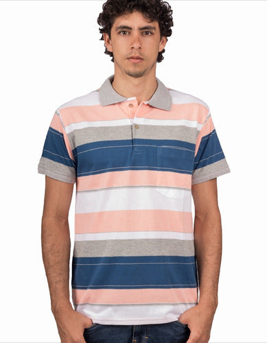 Camiseta Tipo Polo Rayas Azul, Gris Y Rosado