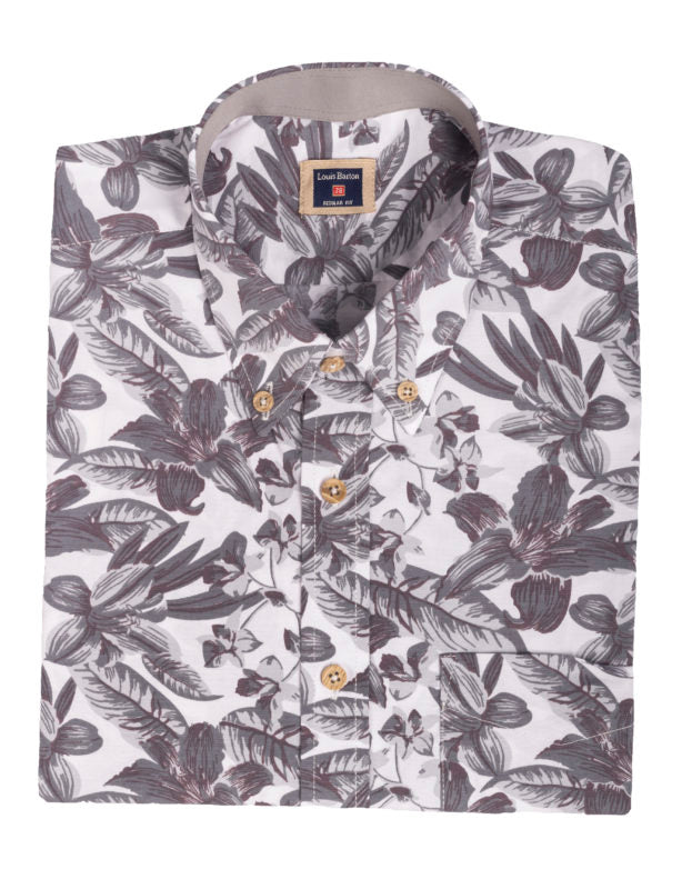 Camisa Manga Corta Blanca Estampado Tropical Hojas Gris Azulado - Moldería informal
