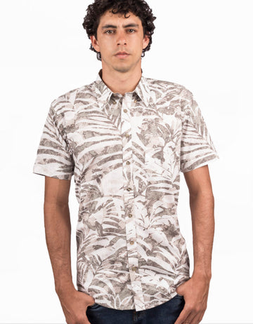 Camisa Manga Corta Blanca Estampado Hojas Gris Verdoso - Moldería informal