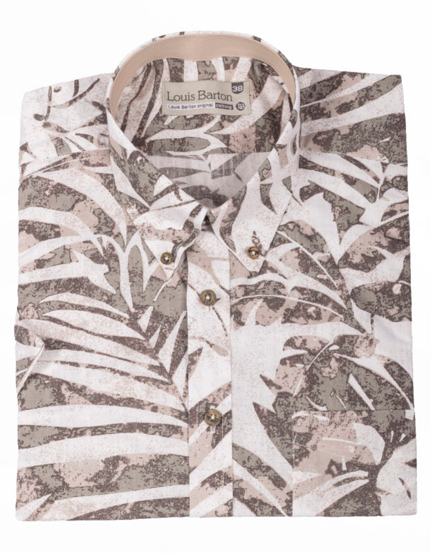 Camisa Manga Corta Blanca Estampado Hojas Gris Verdoso - Moldería informal