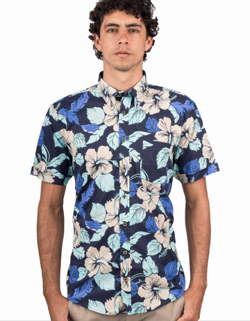 Camisa Manga Corta Azul Estampado Flores Beige - Moldería informal
