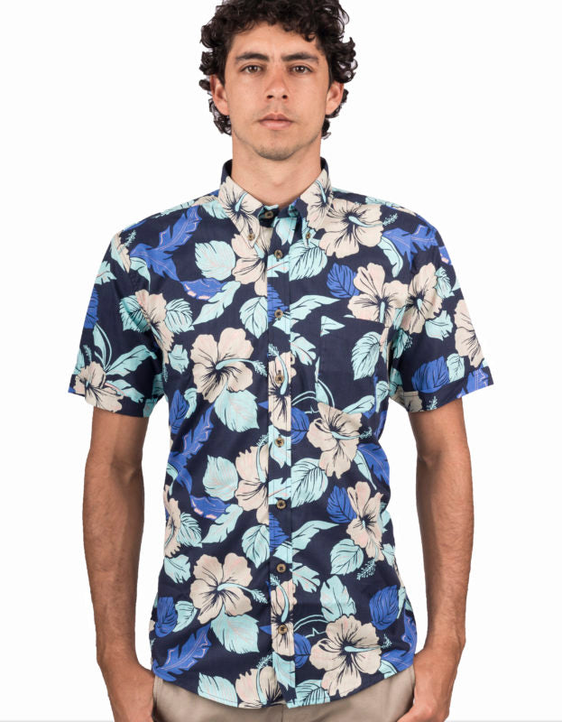 Camisa Manga Corta Azul Estampado Flores Beige - Moldería informal