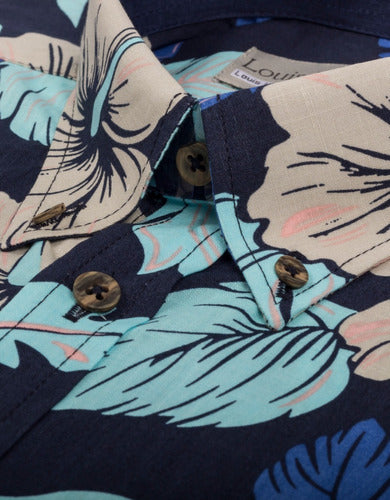 Camisa Manga Corta Azul Estampado Flores Beige - Moldería informal