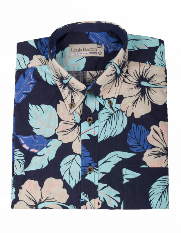Camisa Manga Corta Azul Estampado Flores Beige - Moldería informal
