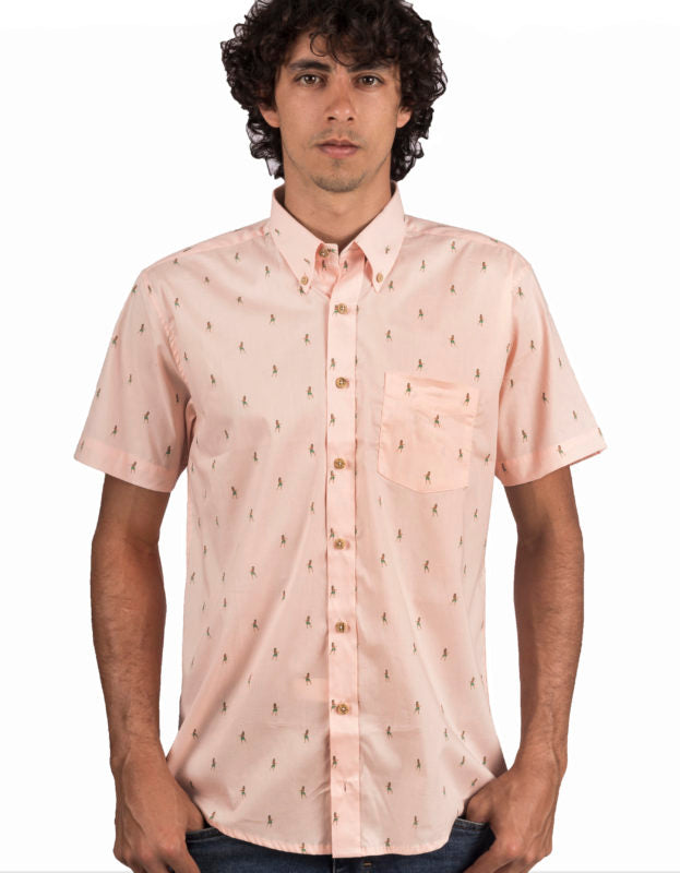 Camisa Manga Corta Rosada Estampado Hawainas - Moldería informal