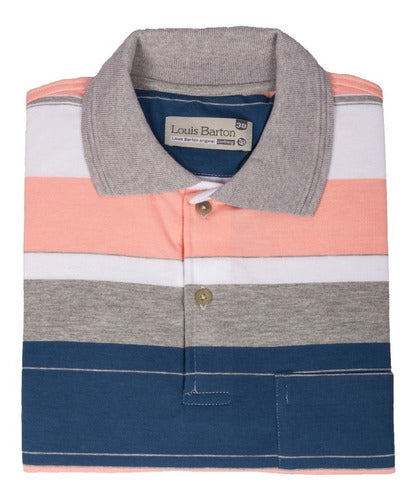 Camiseta Tipo Polo Rayas Azul, Gris Y Rosado