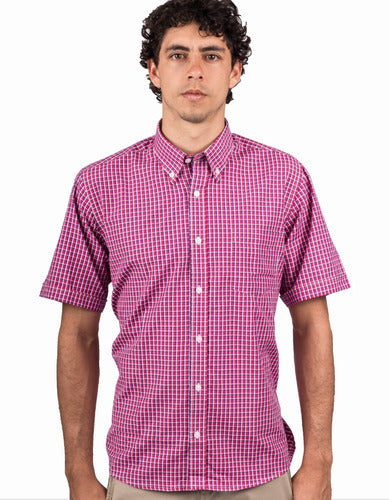 Camisa a Cuadros Manga Corta Fucsia, Rayas Blanco y Azul - Moldería informal