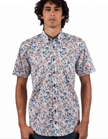 Camisa Manga Corta Blanca Estampado Hojas Azul y Gris - Moldería informal