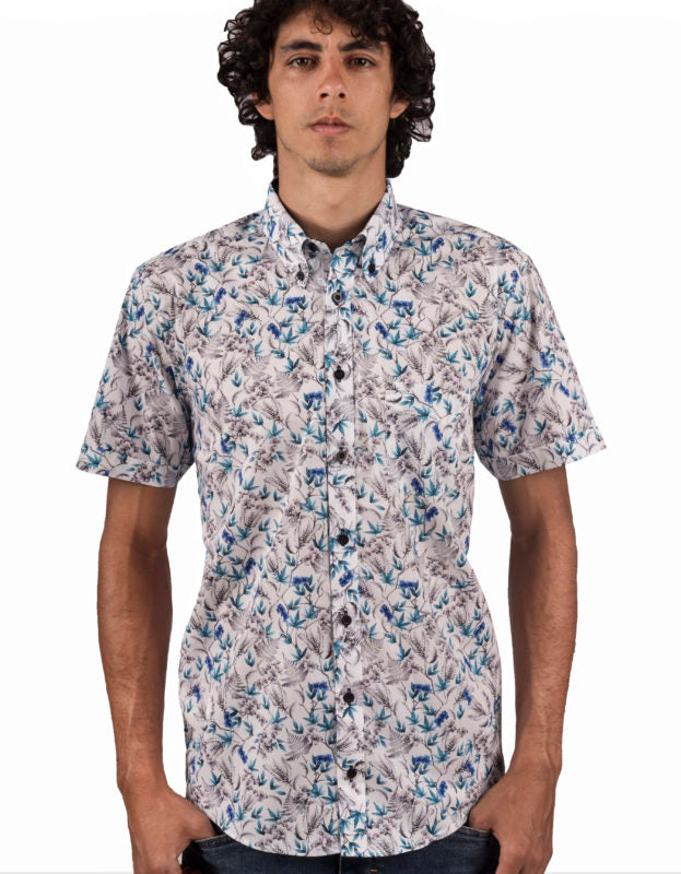 Camisa Manga Corta Blanca Estampado Hojas Azul y Gris - Moldería informal