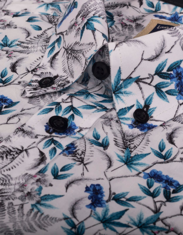 Camisa Manga Corta Blanca Estampado Hojas Azul y Gris - Moldería informal
