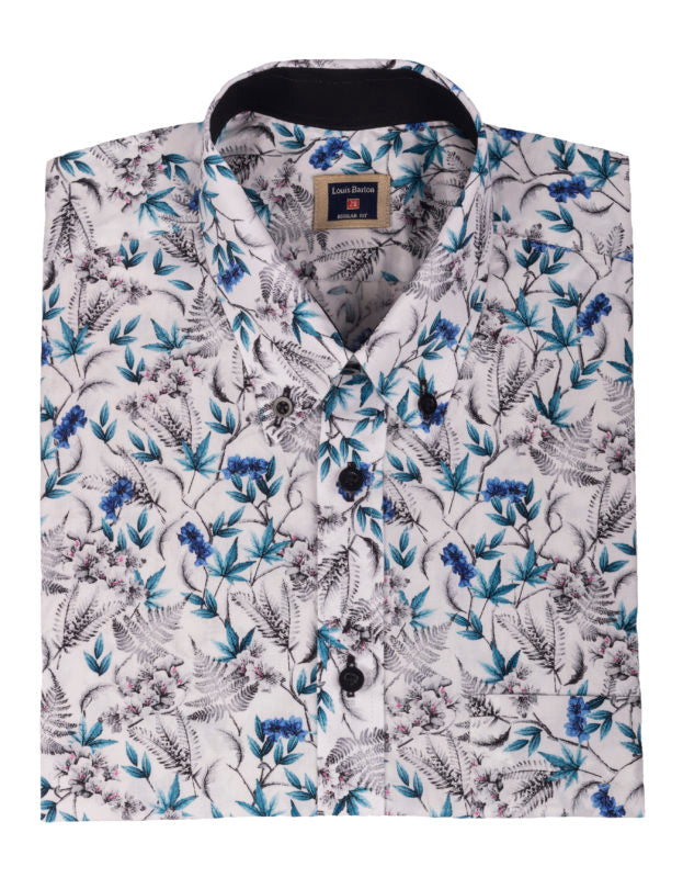 Camisa Manga Corta Blanca Estampado Hojas Azul y Gris - Moldería informal