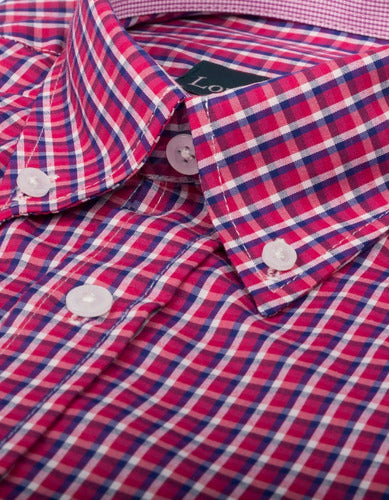 Camisa a Cuadros Manga Corta Fucsia, Rayas Blanco y Azul - Moldería informal